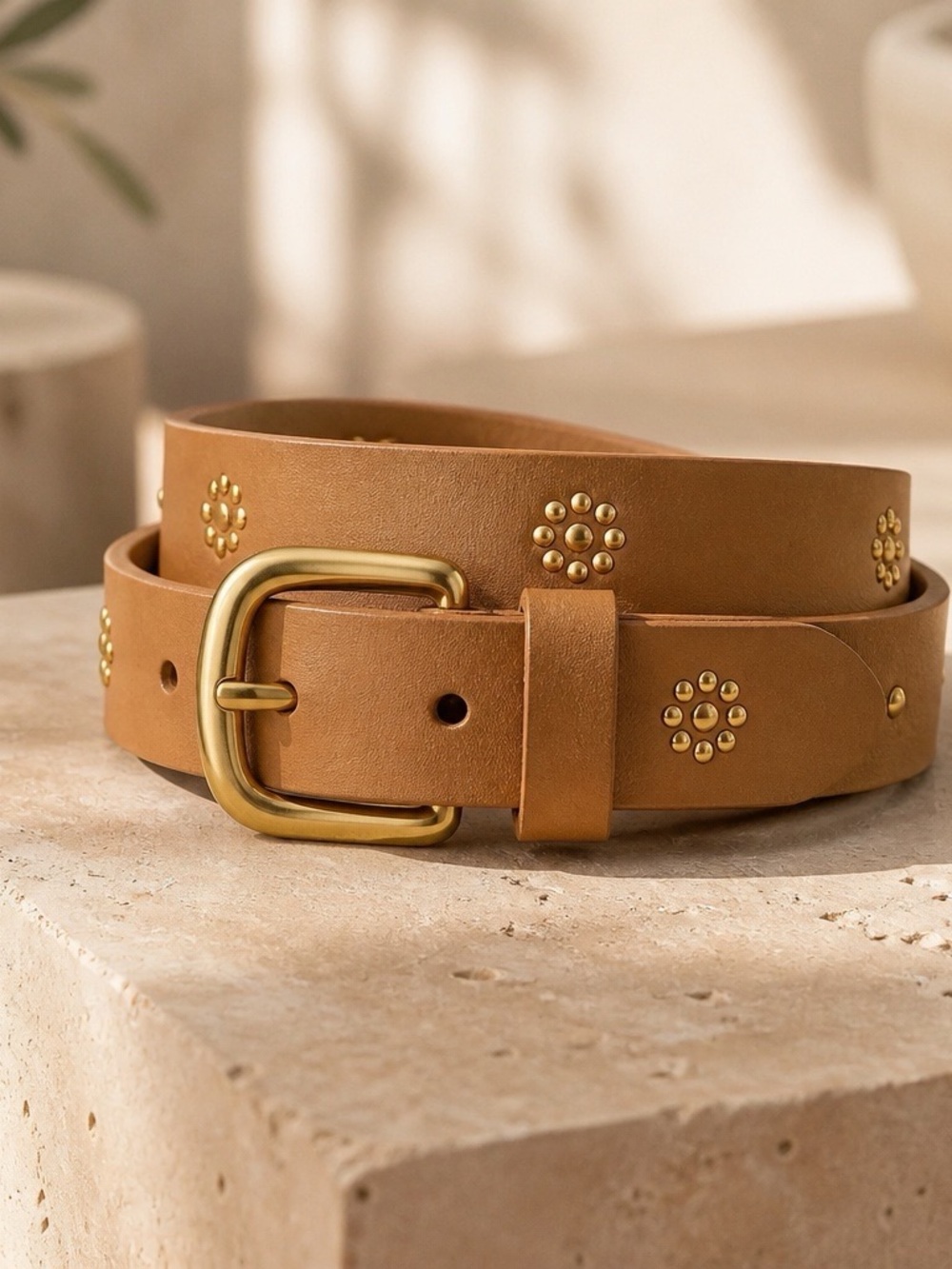 New Studded Tan Leather Belt with Gold Buckle